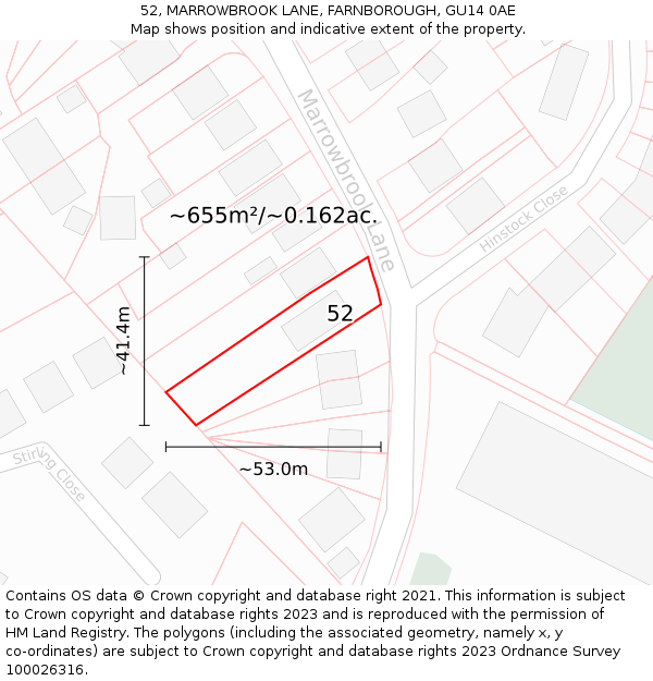 52, MARROWBROOK LANE, FARNBOROUGH, GU14 0AE: Plot and title map