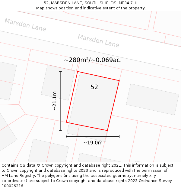 52, MARSDEN LANE, SOUTH SHIELDS, NE34 7HL: Plot and title map