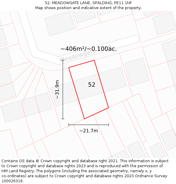 52, MEADOWGATE LANE, SPALDING, PE11 1NF: Plot and title map