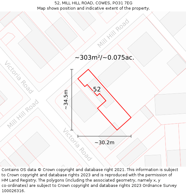 52, MILL HILL ROAD, COWES, PO31 7EG: Plot and title map