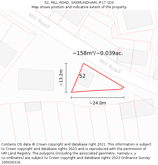 52, MILL ROAD, SAXMUNDHAM, IP17 1DS: Plot and title map