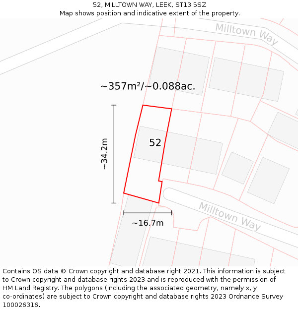 52, MILLTOWN WAY, LEEK, ST13 5SZ: Plot and title map