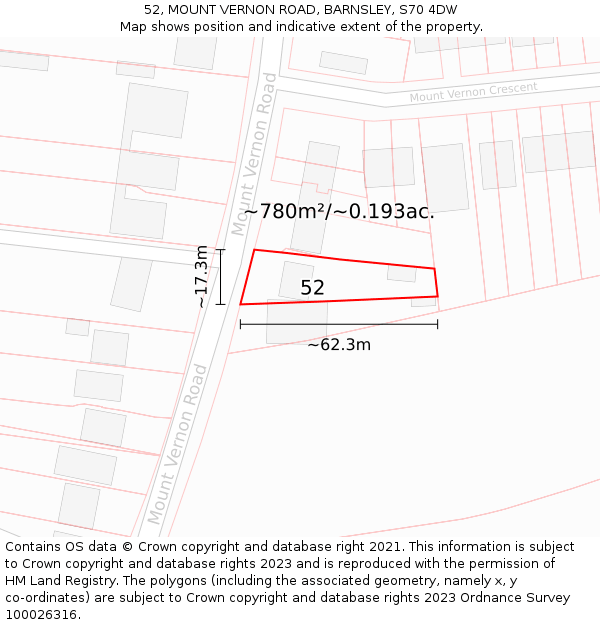 52, MOUNT VERNON ROAD, BARNSLEY, S70 4DW: Plot and title map