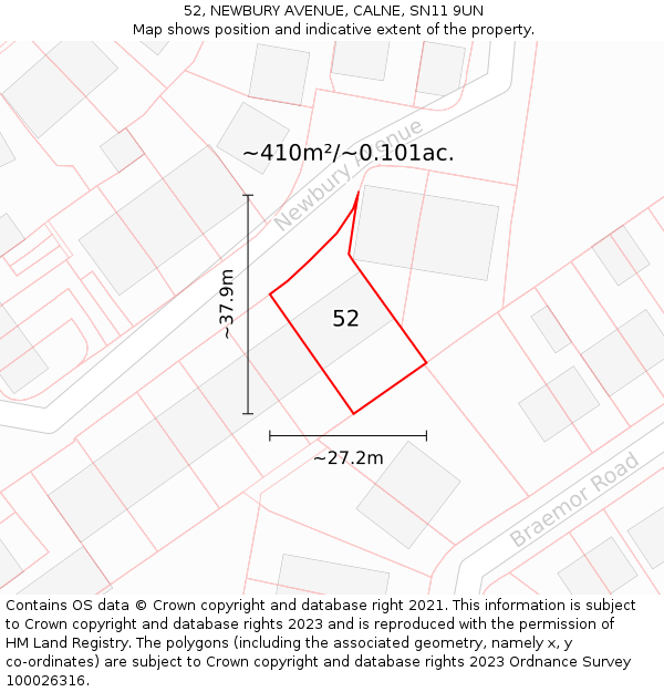 52, NEWBURY AVENUE, CALNE, SN11 9UN: Plot and title map