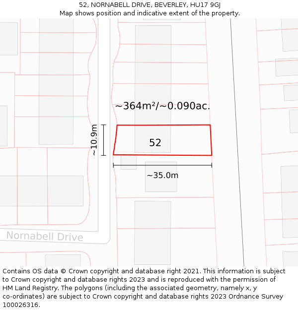 52, NORNABELL DRIVE, BEVERLEY, HU17 9GJ: Plot and title map