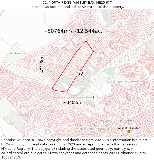 52, NORTH RIDGE, WHITLEY BAY, NE25 9XT: Plot and title map