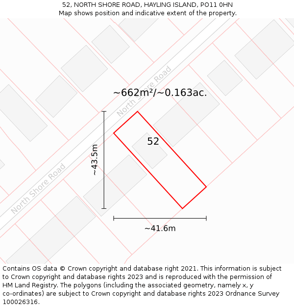 52, NORTH SHORE ROAD, HAYLING ISLAND, PO11 0HN: Plot and title map