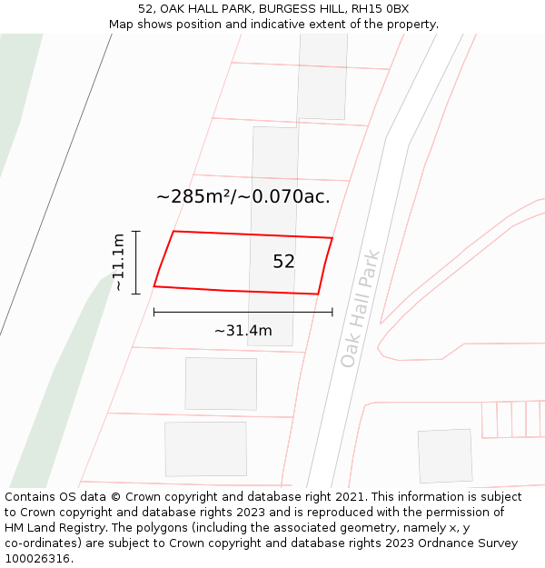 52, OAK HALL PARK, BURGESS HILL, RH15 0BX: Plot and title map