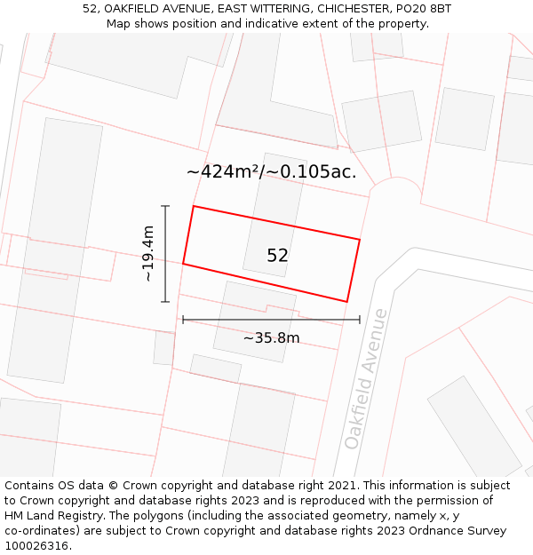 52, OAKFIELD AVENUE, EAST WITTERING, CHICHESTER, PO20 8BT: Plot and title map