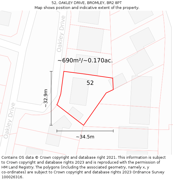 52, OAKLEY DRIVE, BROMLEY, BR2 8PT: Plot and title map