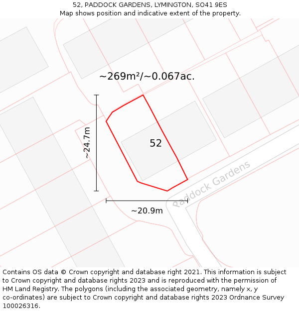 52, PADDOCK GARDENS, LYMINGTON, SO41 9ES: Plot and title map