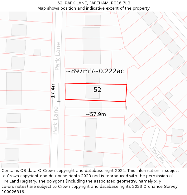 52, PARK LANE, FAREHAM, PO16 7LB: Plot and title map