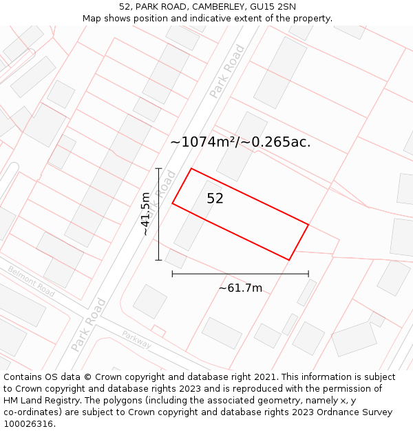 52, PARK ROAD, CAMBERLEY, GU15 2SN: Plot and title map