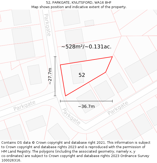 52, PARKGATE, KNUTSFORD, WA16 8HF: Plot and title map