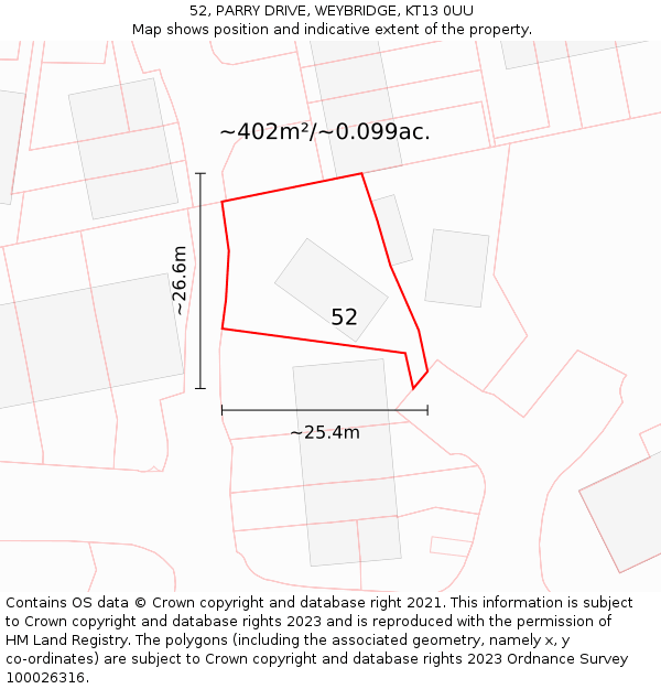 52, PARRY DRIVE, WEYBRIDGE, KT13 0UU: Plot and title map