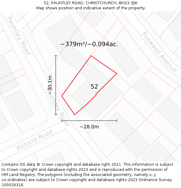 52, PAUNTLEY ROAD, CHRISTCHURCH, BH23 3JW: Plot and title map