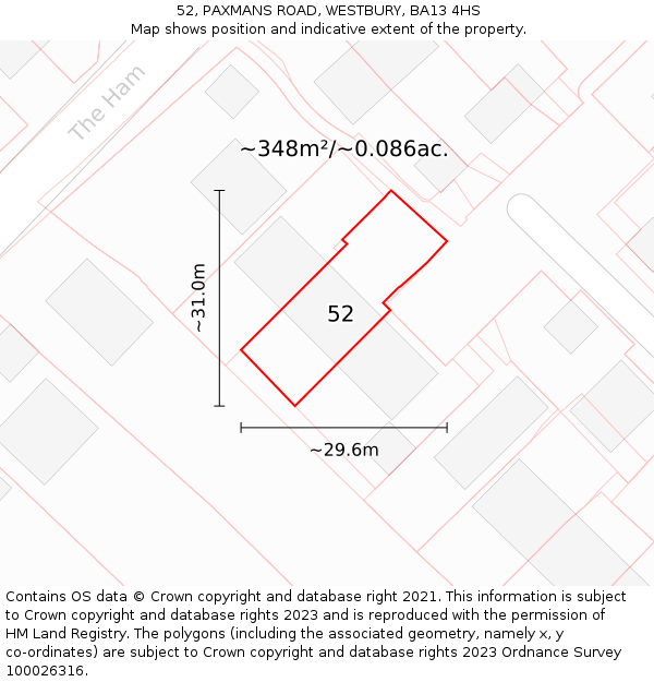 52, PAXMANS ROAD, WESTBURY, BA13 4HS: Plot and title map