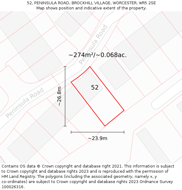 52, PENINSULA ROAD, BROCKHILL VILLAGE, WORCESTER, WR5 2SE: Plot and title map