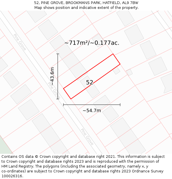 52, PINE GROVE, BROOKMANS PARK, HATFIELD, AL9 7BW: Plot and title map