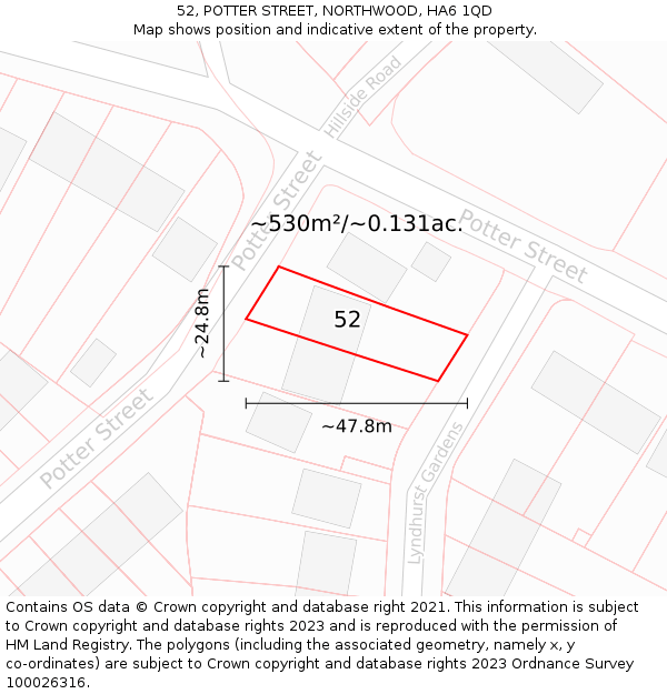 52, POTTER STREET, NORTHWOOD, HA6 1QD: Plot and title map