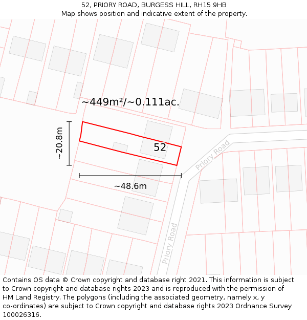 52, PRIORY ROAD, BURGESS HILL, RH15 9HB: Plot and title map