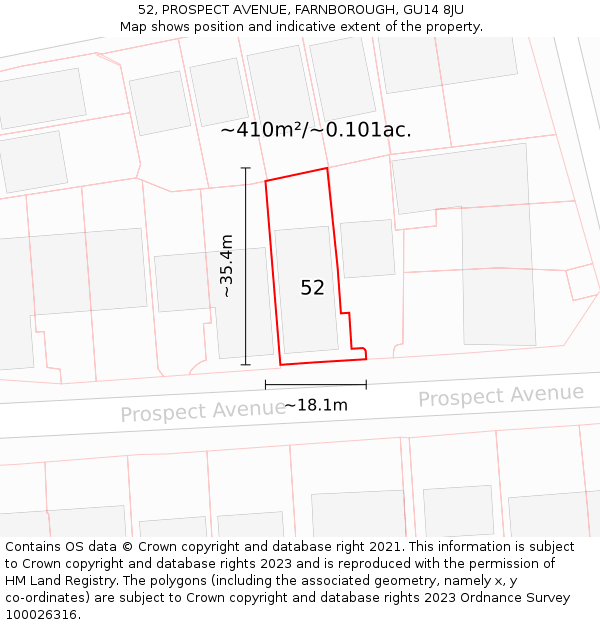 52, PROSPECT AVENUE, FARNBOROUGH, GU14 8JU: Plot and title map