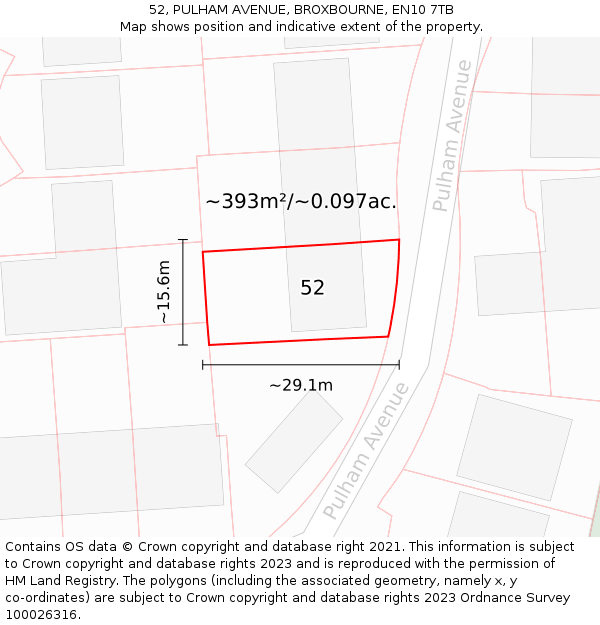 52, PULHAM AVENUE, BROXBOURNE, EN10 7TB: Plot and title map