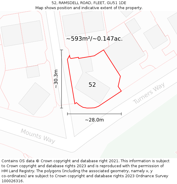 52, RAMSDELL ROAD, FLEET, GU51 1DE: Plot and title map