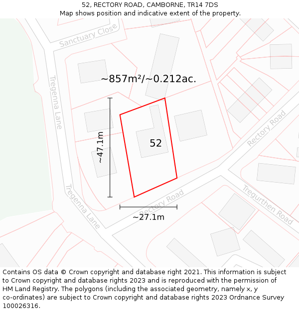 52, RECTORY ROAD, CAMBORNE, TR14 7DS: Plot and title map