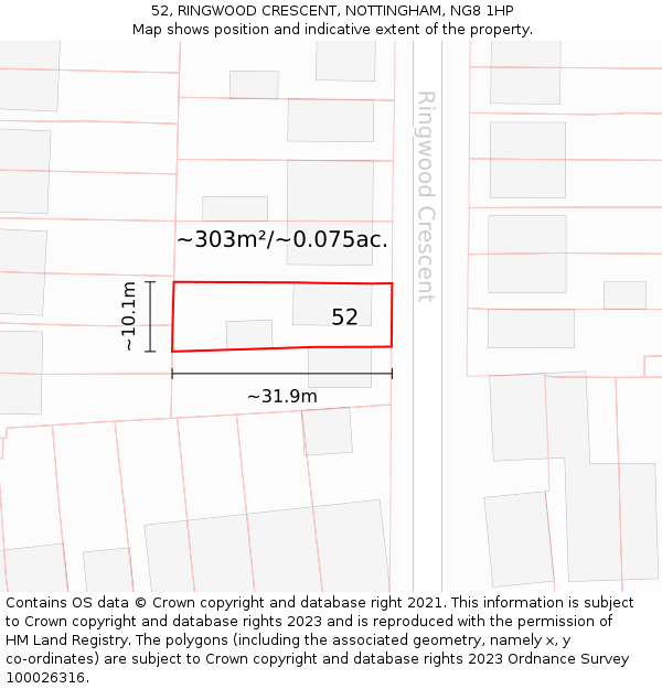 52, RINGWOOD CRESCENT, NOTTINGHAM, NG8 1HP: Plot and title map