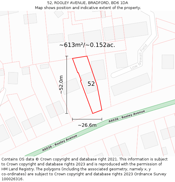 52, ROOLEY AVENUE, BRADFORD, BD6 1DA: Plot and title map