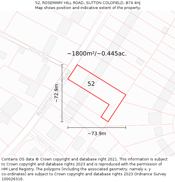 52, ROSEMARY HILL ROAD, SUTTON COLDFIELD, B74 4HJ: Plot and title map