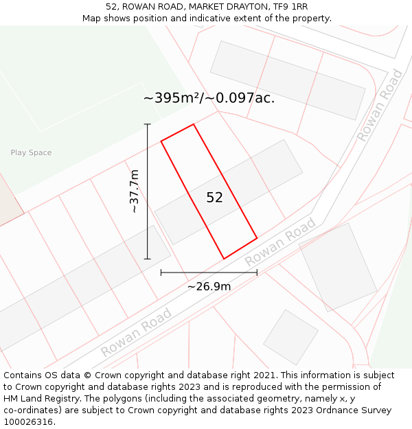 52, ROWAN ROAD, MARKET DRAYTON, TF9 1RR: Plot and title map