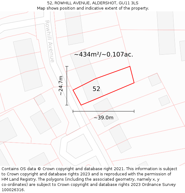 52, ROWHILL AVENUE, ALDERSHOT, GU11 3LS: Plot and title map