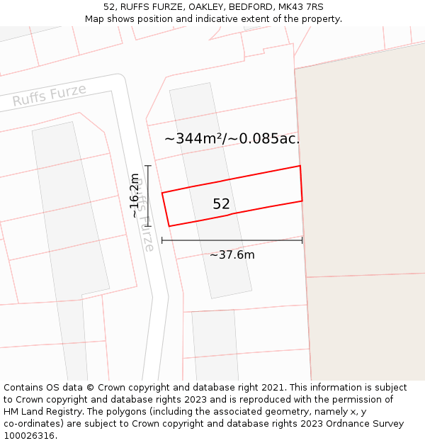 52, RUFFS FURZE, OAKLEY, BEDFORD, MK43 7RS: Plot and title map