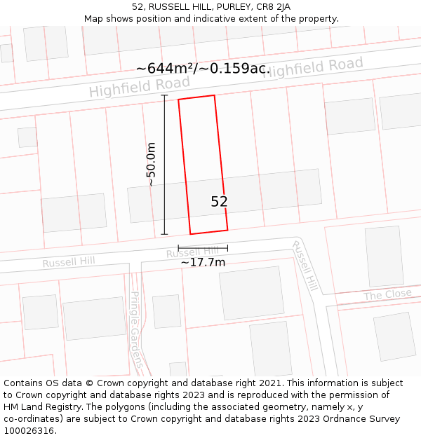 52, RUSSELL HILL, PURLEY, CR8 2JA: Plot and title map