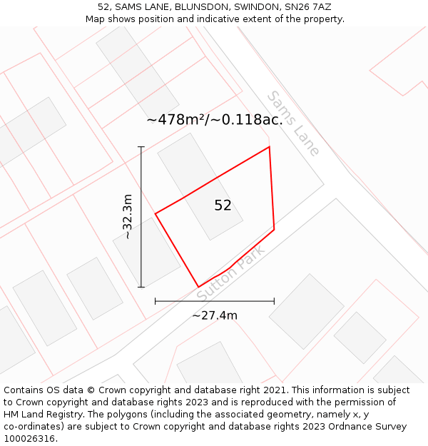 52, SAMS LANE, BLUNSDON, SWINDON, SN26 7AZ: Plot and title map