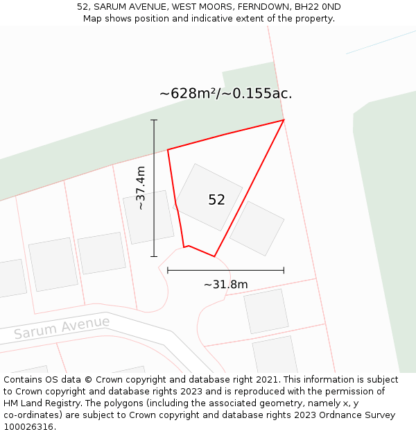 52, SARUM AVENUE, WEST MOORS, FERNDOWN, BH22 0ND: Plot and title map