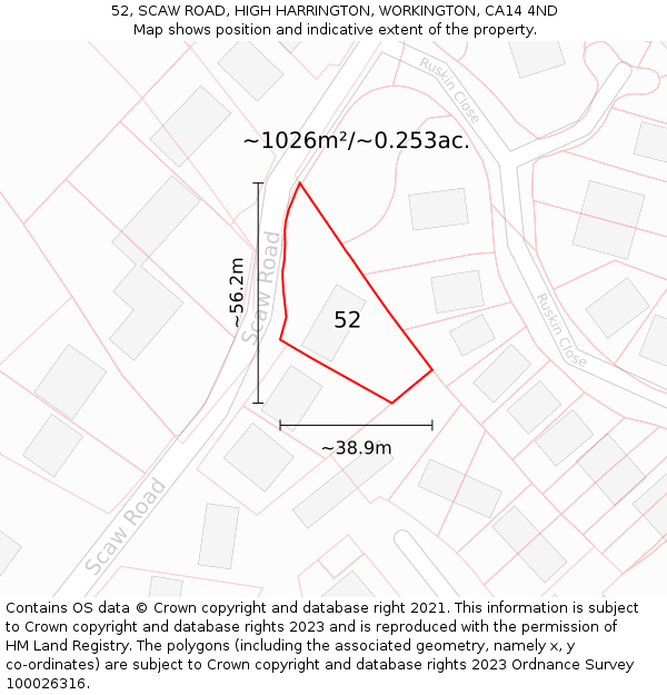 52, SCAW ROAD, HIGH HARRINGTON, WORKINGTON, CA14 4ND: Plot and title map