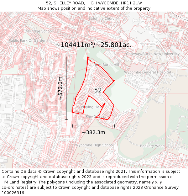 52, SHELLEY ROAD, HIGH WYCOMBE, HP11 2UW: Plot and title map