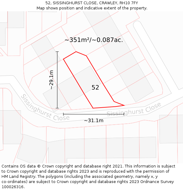 52, SISSINGHURST CLOSE, CRAWLEY, RH10 7FY: Plot and title map