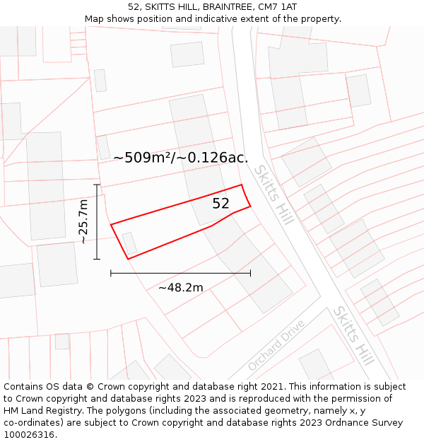 52, SKITTS HILL, BRAINTREE, CM7 1AT: Plot and title map