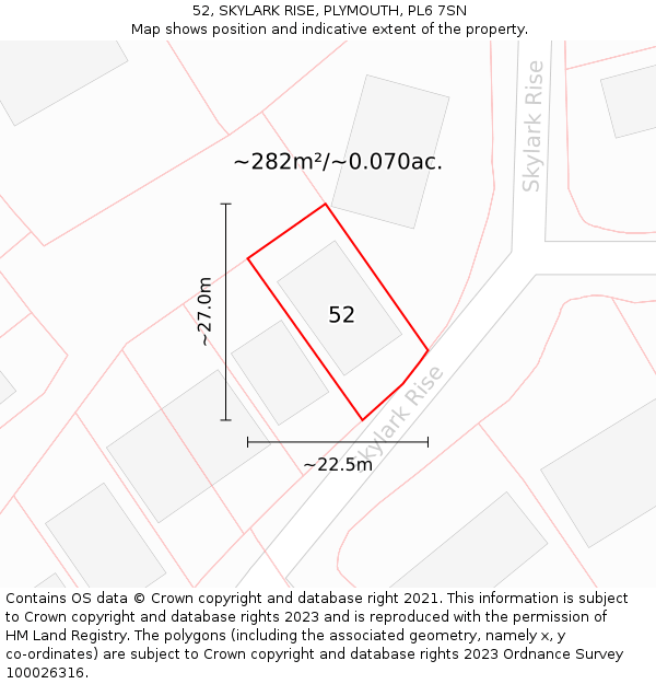 52, SKYLARK RISE, PLYMOUTH, PL6 7SN: Plot and title map