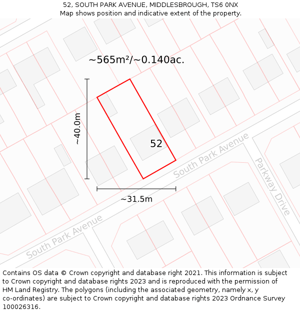 52, SOUTH PARK AVENUE, MIDDLESBROUGH, TS6 0NX: Plot and title map