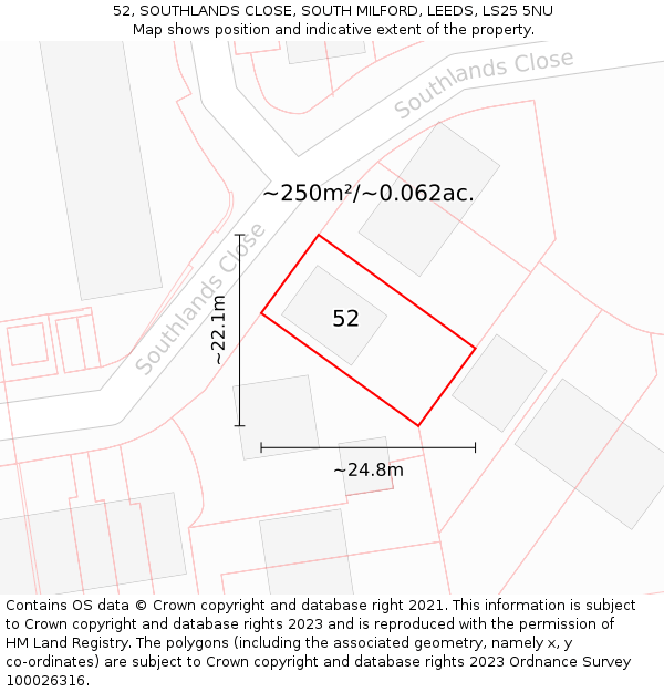 52, SOUTHLANDS CLOSE, SOUTH MILFORD, LEEDS, LS25 5NU: Plot and title map