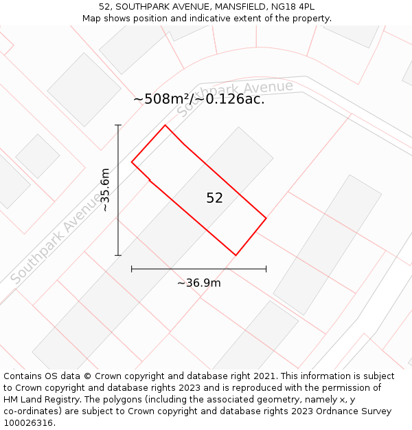 52, SOUTHPARK AVENUE, MANSFIELD, NG18 4PL: Plot and title map