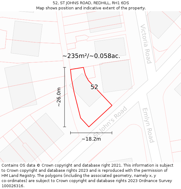 52, ST JOHNS ROAD, REDHILL, RH1 6DS: Plot and title map