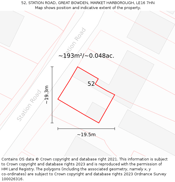 52, STATION ROAD, GREAT BOWDEN, MARKET HARBOROUGH, LE16 7HN: Plot and title map