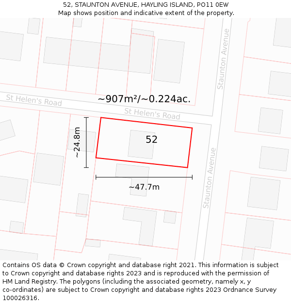 52, STAUNTON AVENUE, HAYLING ISLAND, PO11 0EW: Plot and title map