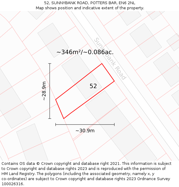 52, SUNNYBANK ROAD, POTTERS BAR, EN6 2NL: Plot and title map